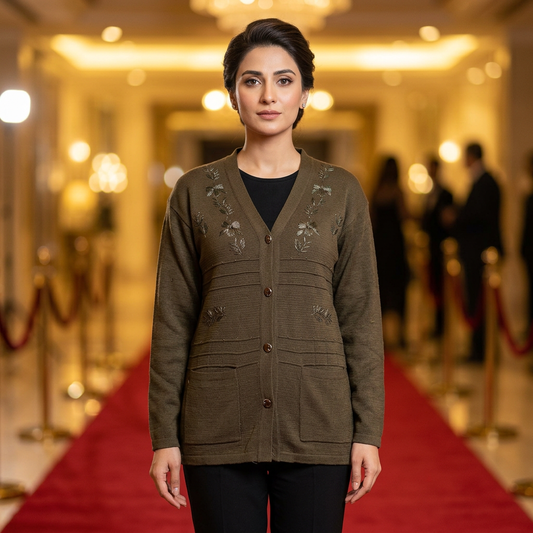 Adult Pakistani woman wearing the olive-green WSW104 full-sleeve cardigan fully buttoned in an elegant awards-night setting.