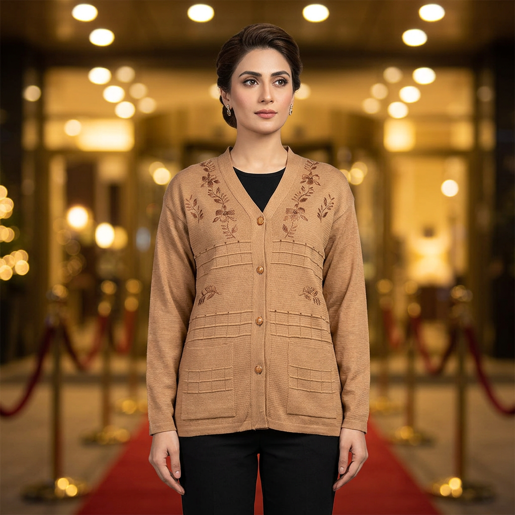 Adult Pakistani woman wearing the camel-brown WSW106 full-sleeve cardigan fully buttoned in an elegant red-carpet awards-night setting.