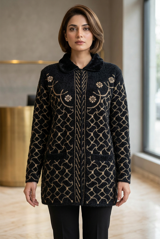 Woman wearing WSW118 black full-sleeve sweater with gold-tone floral and lattice detailing and front pockets