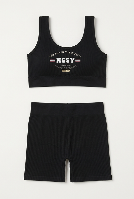 LB106 black ribbed sports bra with NGSY print and matching boyshorts, product-only flat lay.
