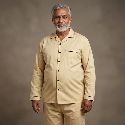 MNS15 fawn night suit with black trim on a 60-year-old Pakistani male model with a fuller build