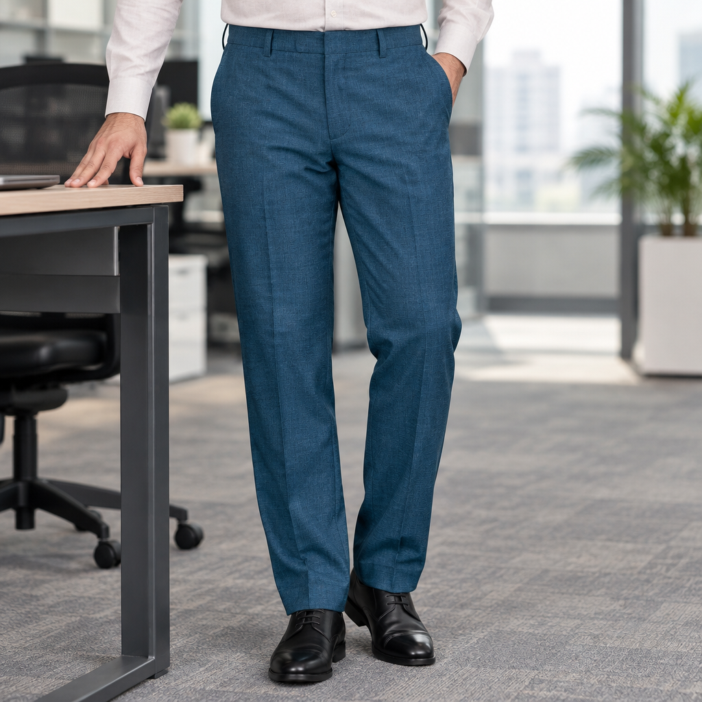 Pakistani man wearing Teal Blue Formal Dress Pant MFP101 in an office, with focus on trouser legs and fabric