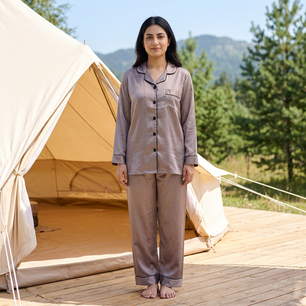 Adult woman wearing WNS69 taupe-grey button-front night suit beside a canvas tent at a daytime campsite