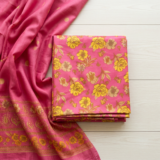 WU244 pink floral unstitched digital lawn fabric with yellow and beige flowers and printed dupatta border