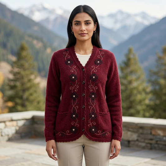Pakistani woman wearing the burgundy-red embroidered full-sleeve sweater WSW72 on an elegant mountain terrace.
