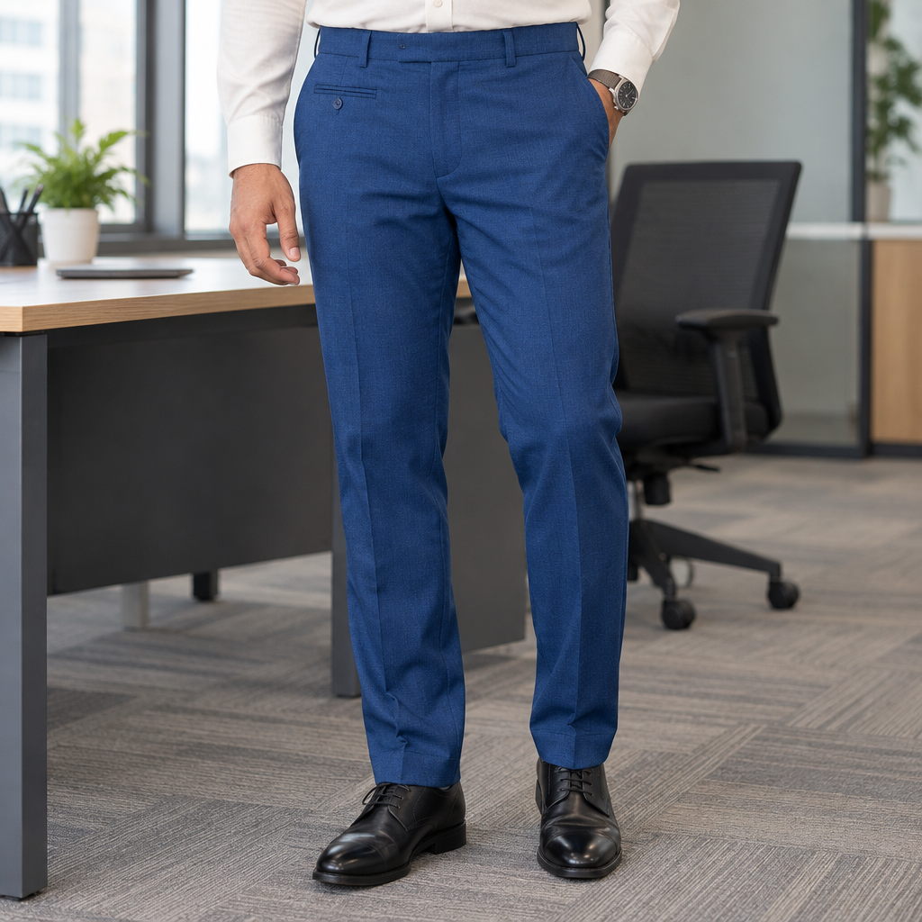 Pakistani man wearing Royal Blue Formal Dress Pant MFP100 in an office, focused on trouser legs and fabric