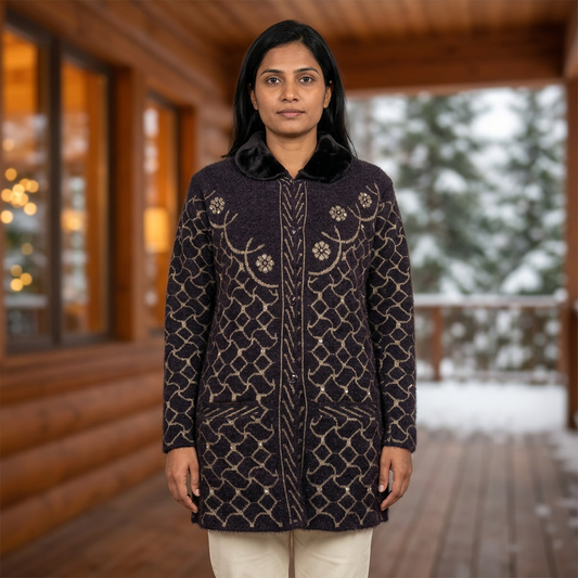 Woman modelling WSW116 charcoal full sleeve button-front sweater with floral and geometric details against a blurred winter veranda background. Trousers are styling only.
