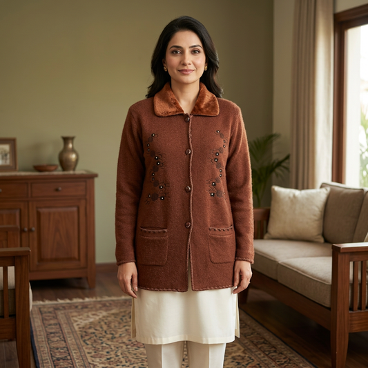 Adult Pakistani woman wearing the brown embroidered full-sleeve sweater WSW68 in an elegant home setting.