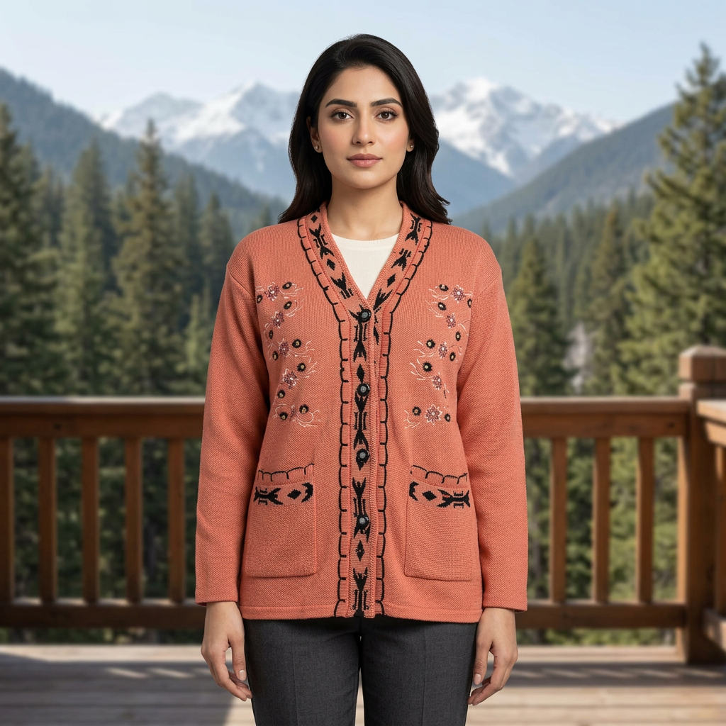 Adult Pakistani woman wearing the peach WSW102 full-sleeve cardigan fully buttoned on a mountain terrace.