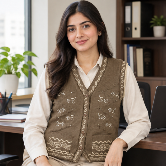 Young Pakistani working woman wearing Brown Sleeveless Sweater For Women WSW124