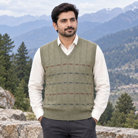 Pakistani man wearing light green sleeveless V-neck sweater MSW83 at a scenic mountain viewpoint