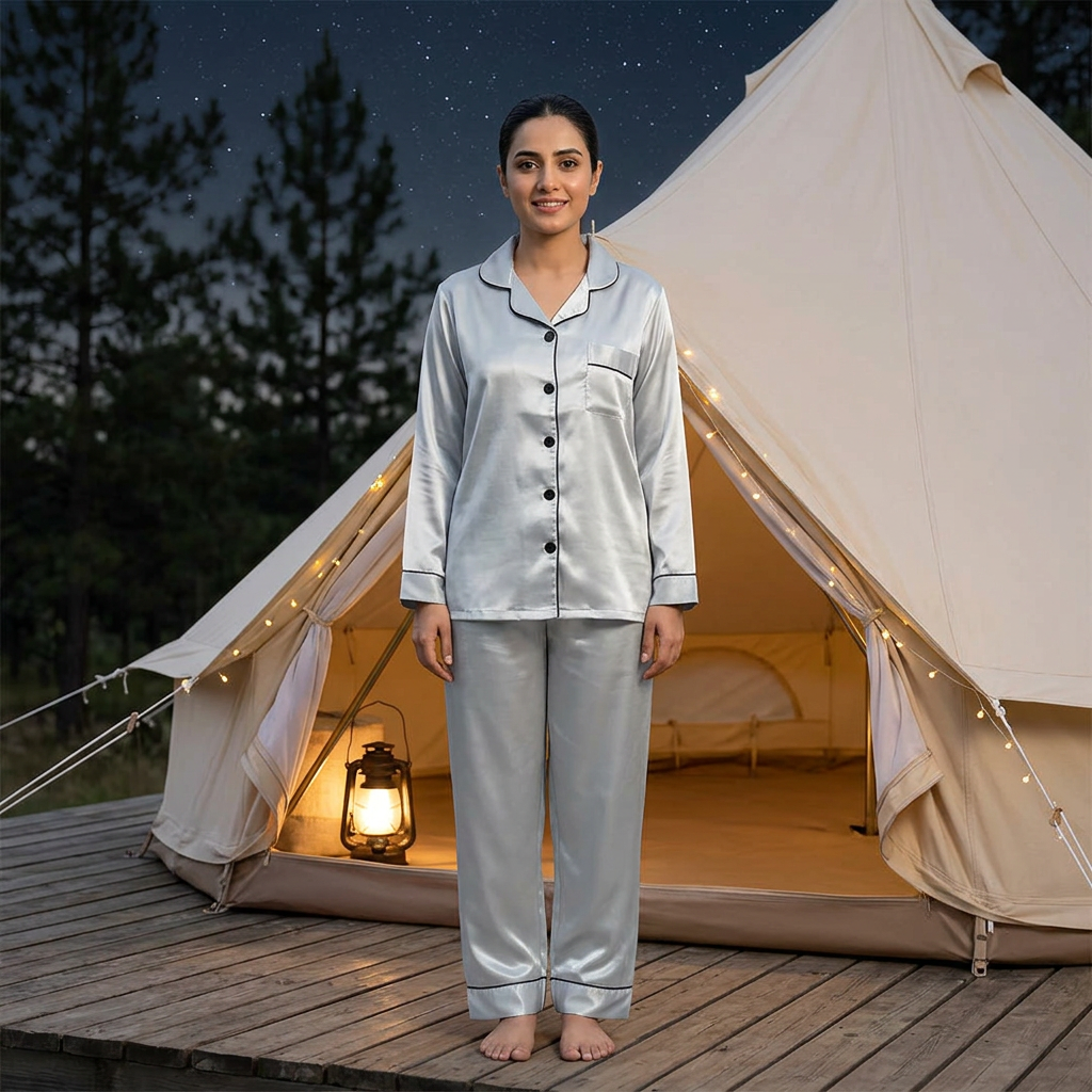 Adult woman wearing WNS67 pale silver-grey night suit with black piping beside a lantern-lit camping tent