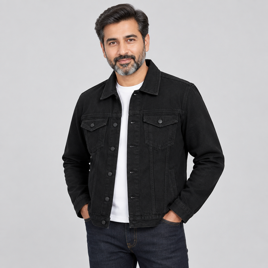 Middle-aged Pakistani man wearing Black Denim Jacket MJ37