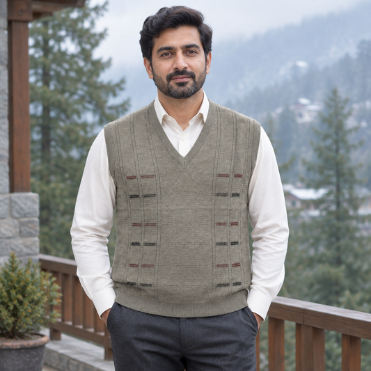 Pakistani man wearing sand sleeveless V-neck sweater MSW85 over an off-white shirt in a winter hill-town setting