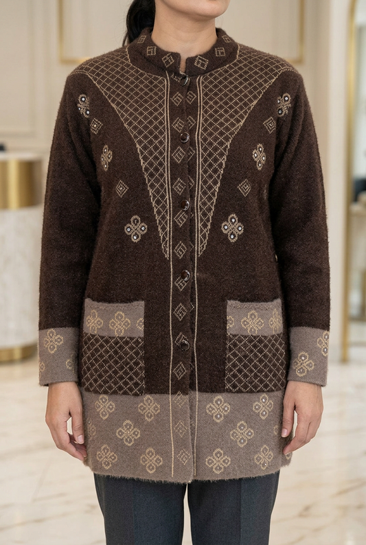 Woman wearing WSW115 chocolate-brown full-sleeve sweater with beige-gold lattice, two patterned pockets and taupe cuffs and hem