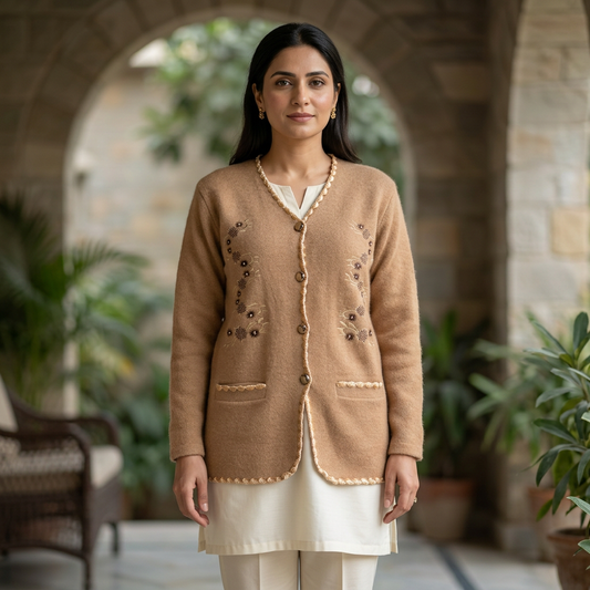 Adult Pakistani woman wearing the fawn embroidered full-sleeve sweater WSW74 on an elegant covered terrace.