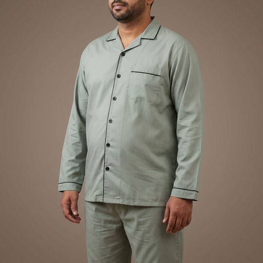 Close product view of MNS19 light green night suit on a Pakistani male model with a fuller build