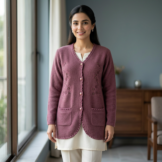 Adult Pakistani woman wearing the ash-purple embroidered full-sleeve sweater WSW75 in an elegant home setting.