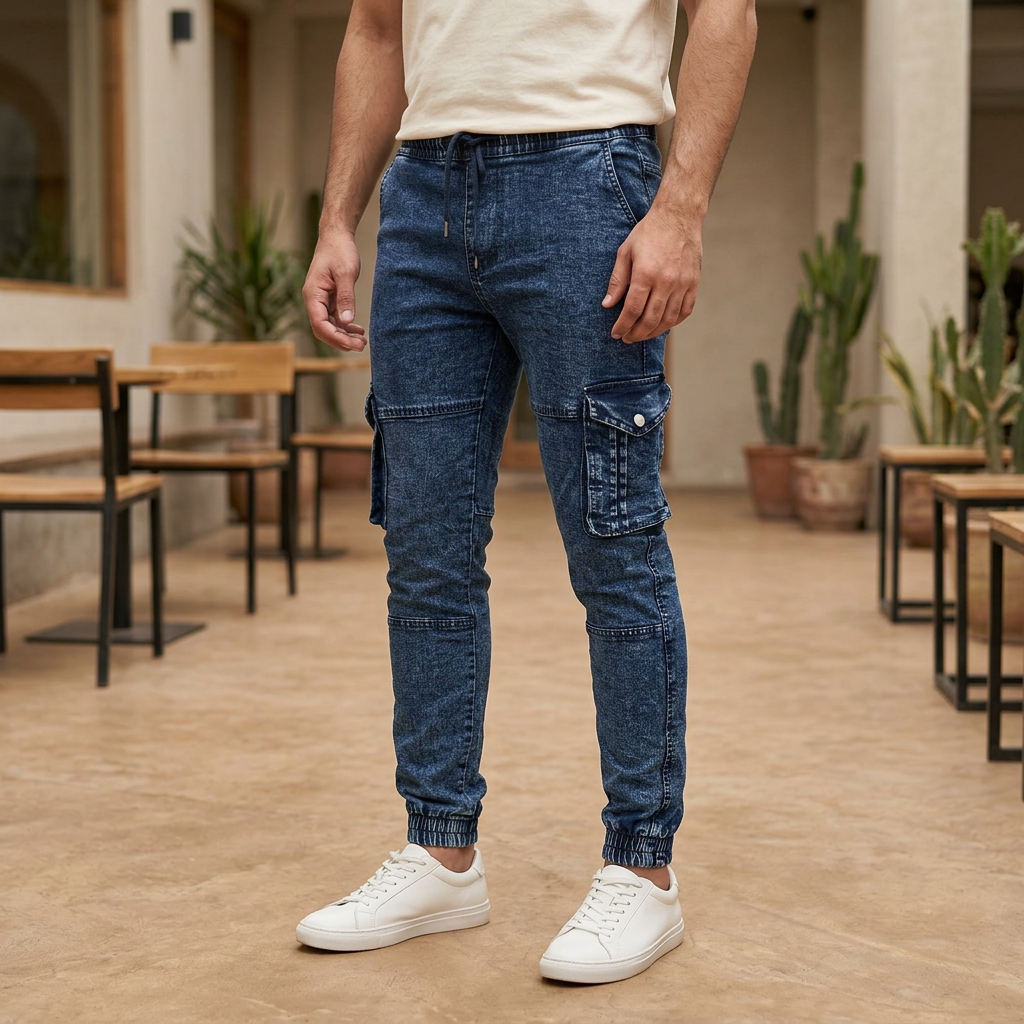 Adult man wearing MT234 dark washed-blue cargo jogger jeans with flap pockets and elastic ankle cuffs