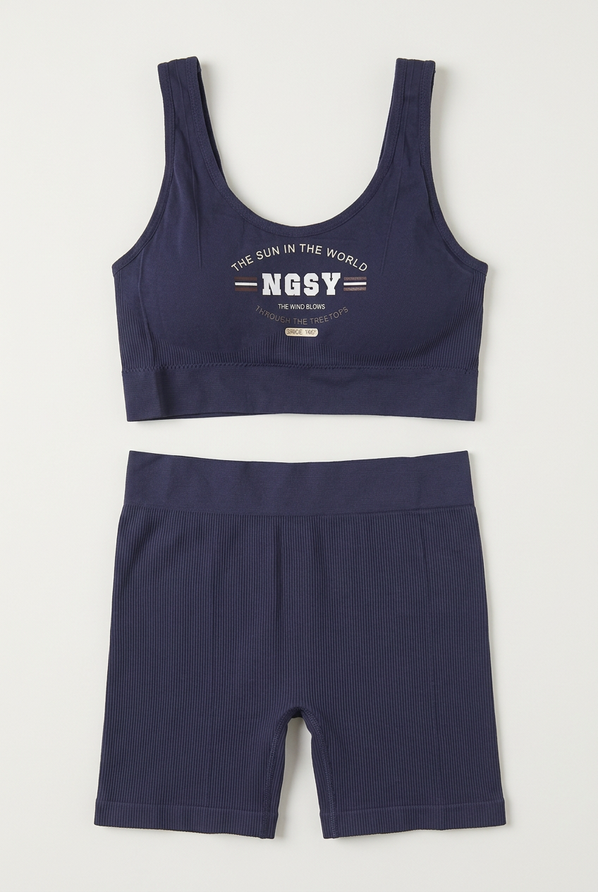 LB103 navy blue ribbed sports bra with NGSY print and matching boyshorts, product-only flat lay.