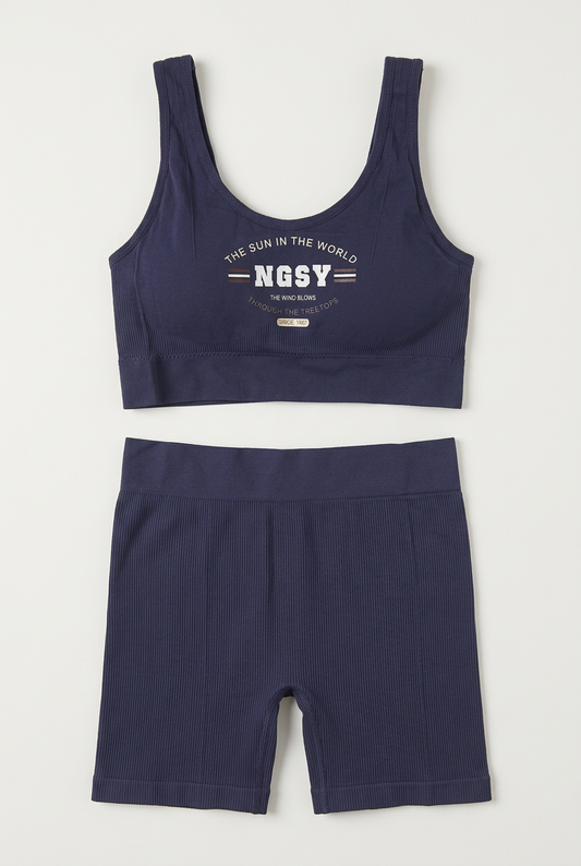 LB103 navy blue ribbed sports bra with NGSY print and matching boyshorts, product-only flat lay.