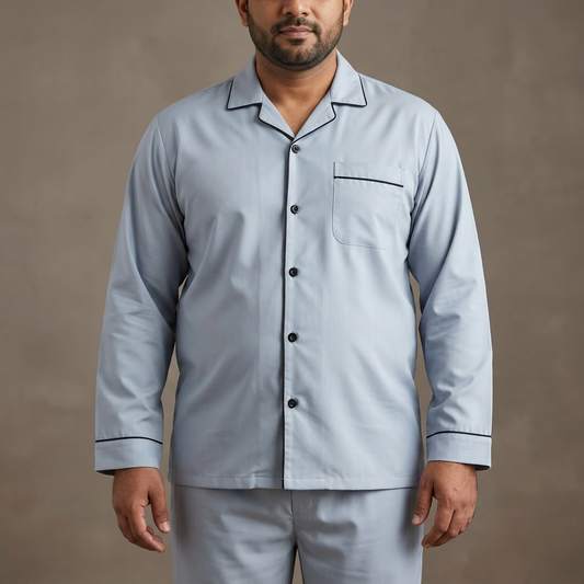 MNS16 steel grey night suit with black trim on a Pakistani male model with a fuller build, close product view