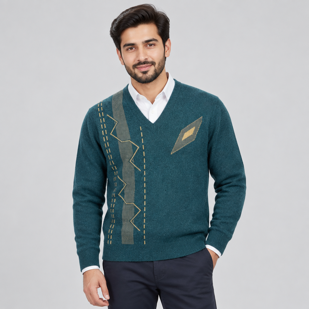Pakistani man wearing Sea Green V-Neck Full Sleeves Sweater MSW73