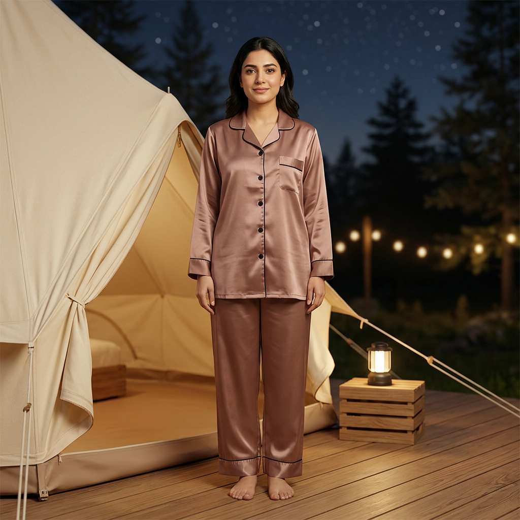 Adult woman wearing WNS66 dusty rose-brown night suit with black piping beside a lantern-lit camping tent at night
