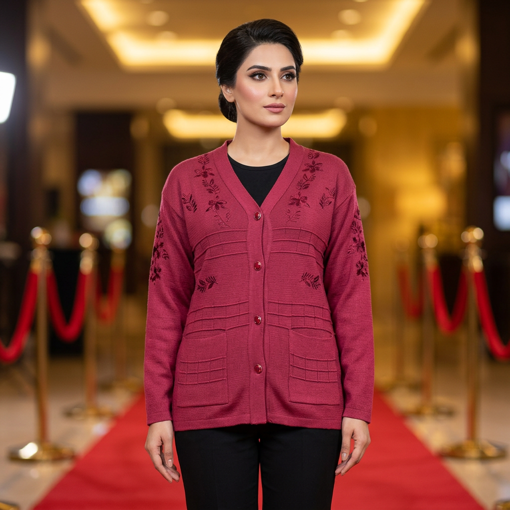 Adult Pakistani woman wearing the dark pink WSW107 full-sleeve cardigan fully buttoned in an elegant red-carpet awards-night setting.