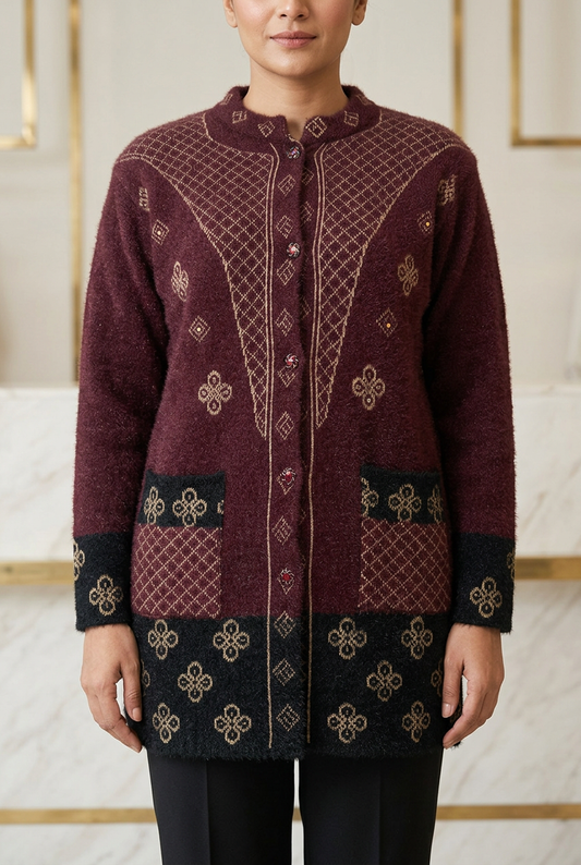 Woman wearing WSW112 maroon full-sleeve sweater with gold-tone lattice, two patterned pockets and contrasting black cuffs and hem