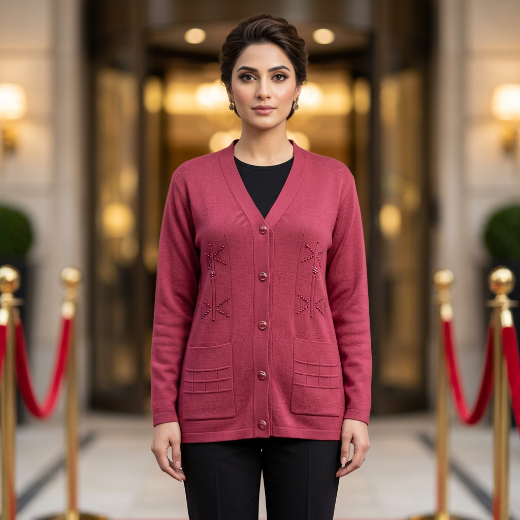 Adult Pakistani woman wearing the pink WSW110 full-sleeve cardigan fully buttoned in an elegant awards-night setting.