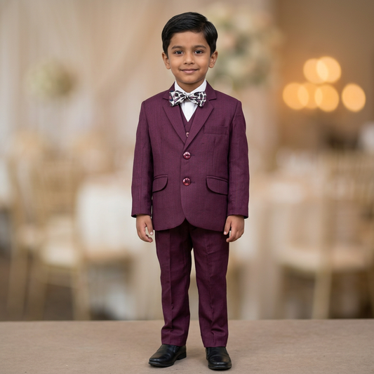 Boy modelling BCP23 burgundy five-piece coat pant suit with waistcoat, white shirt and bow tie against a blurred wedding backdrop. Shoes are styling only.