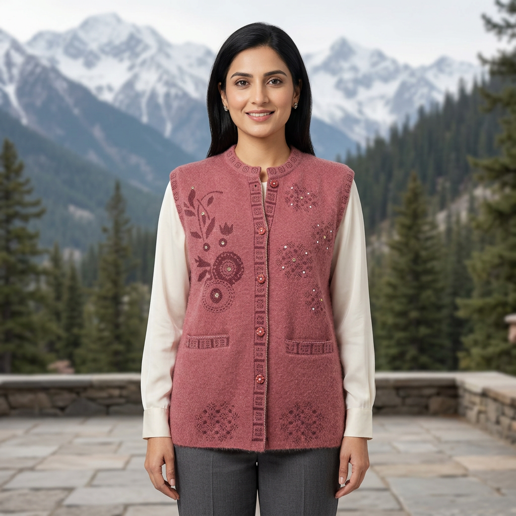 Adult Pakistani woman wearing the dusty pink WSW98 sleeveless sweater fully buttoned over an ivory blouse on a mountain terrace.