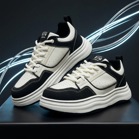 MJS247 men's black and white casual sneakers with contrast stitching and chunky white soles