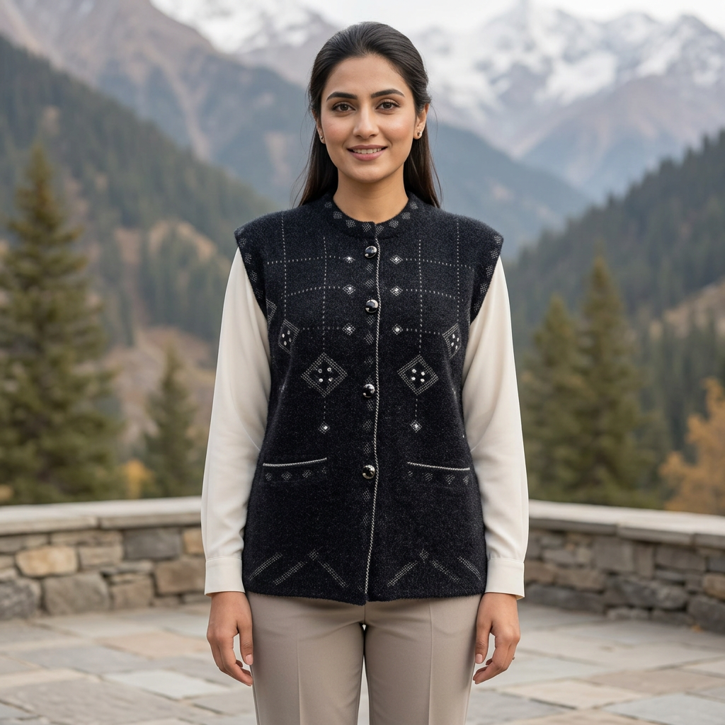 Pakistani woman wearing the charcoal-black sleeveless WSW88 sweater over an ivory blouse on a mountain terrace.