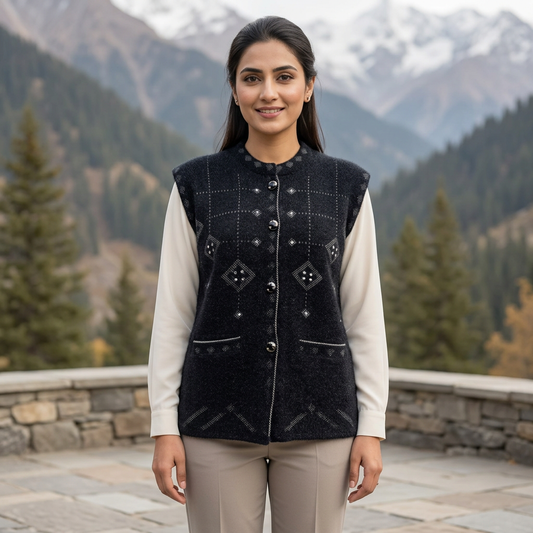 Pakistani woman wearing the charcoal-black sleeveless WSW88 sweater over an ivory blouse on a mountain terrace.