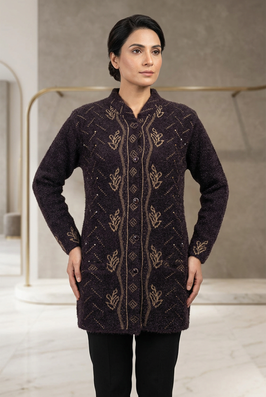 Woman wearing WSW121 dark brown full-sleeve sweater with gold-tone leafy motifs, dark decorative buttons and two front pockets