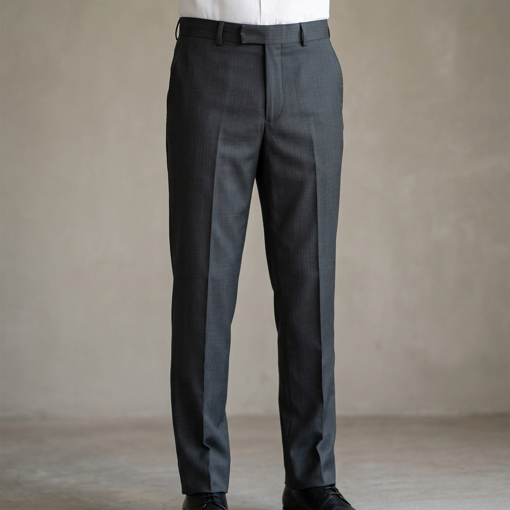 MFP108 charcoal grey formal trousers on a male model, close waistband-to-hem product view against a minimal neutral background