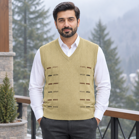 Pakistani man wearing light yellow sleeveless V-neck sweater MSW84 over a white shirt in a winter veranda setting