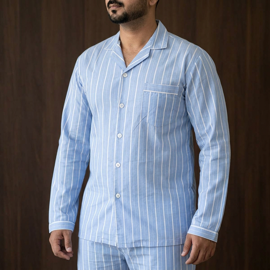 Close product view of MNS24 blue striped night suit on a Pakistani male model with a fuller build