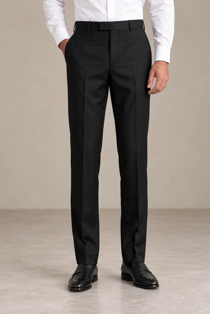 Jet-black formal pants styled like your reference