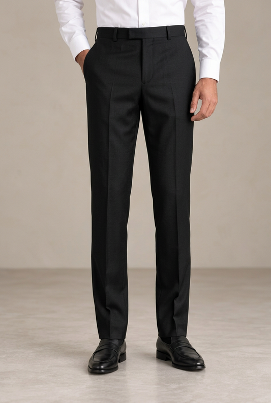 Jet-black formal pants styled like your reference