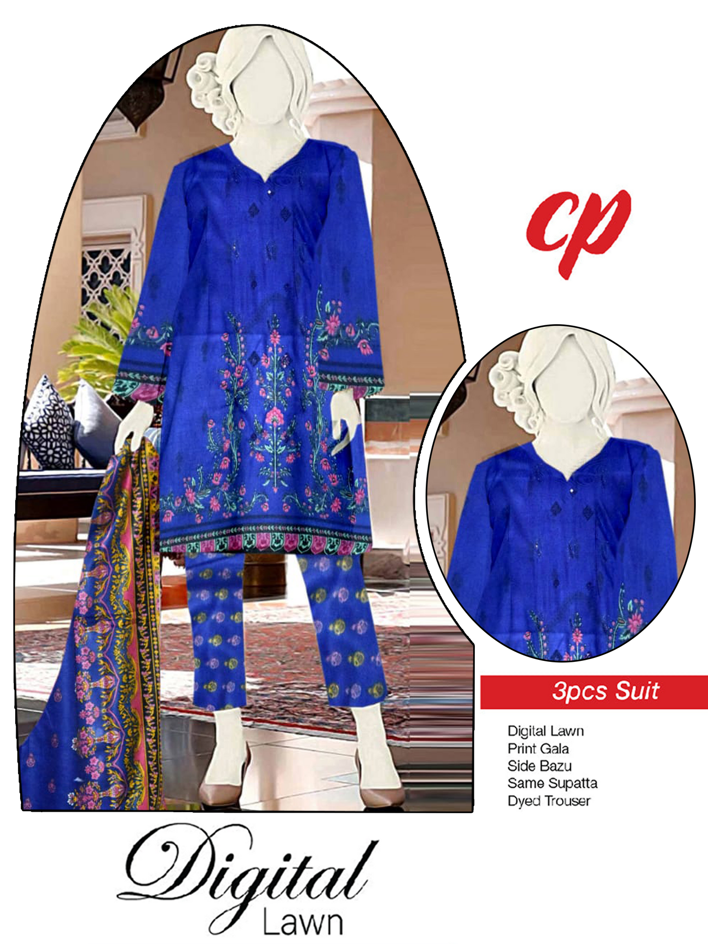 3Pcs Unstitched Digital Lawn Suit For Women WU128