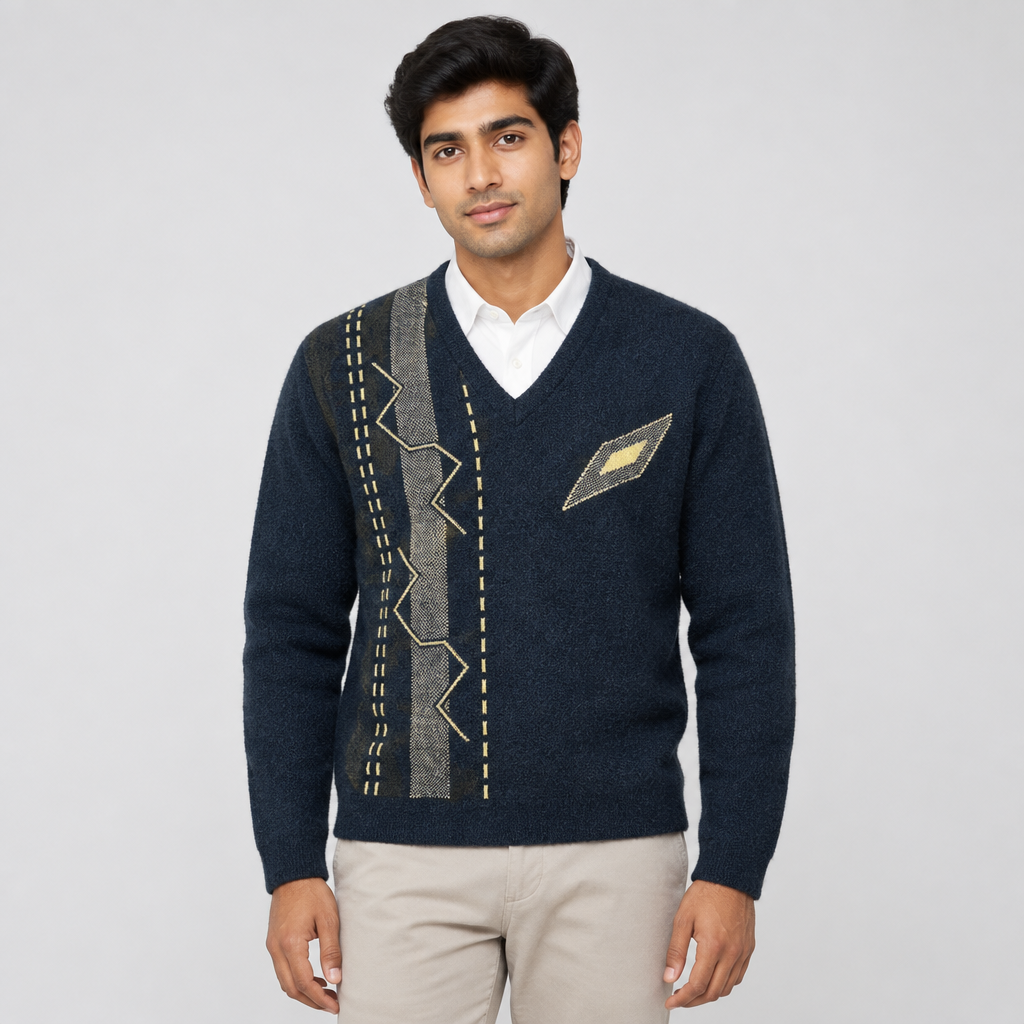 Man wearing the dark blue V-neck full sleeves sweater MSW72