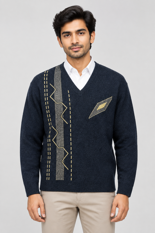 Dark Blue V-Neck Full Sleeves Sweater For Men MSW72