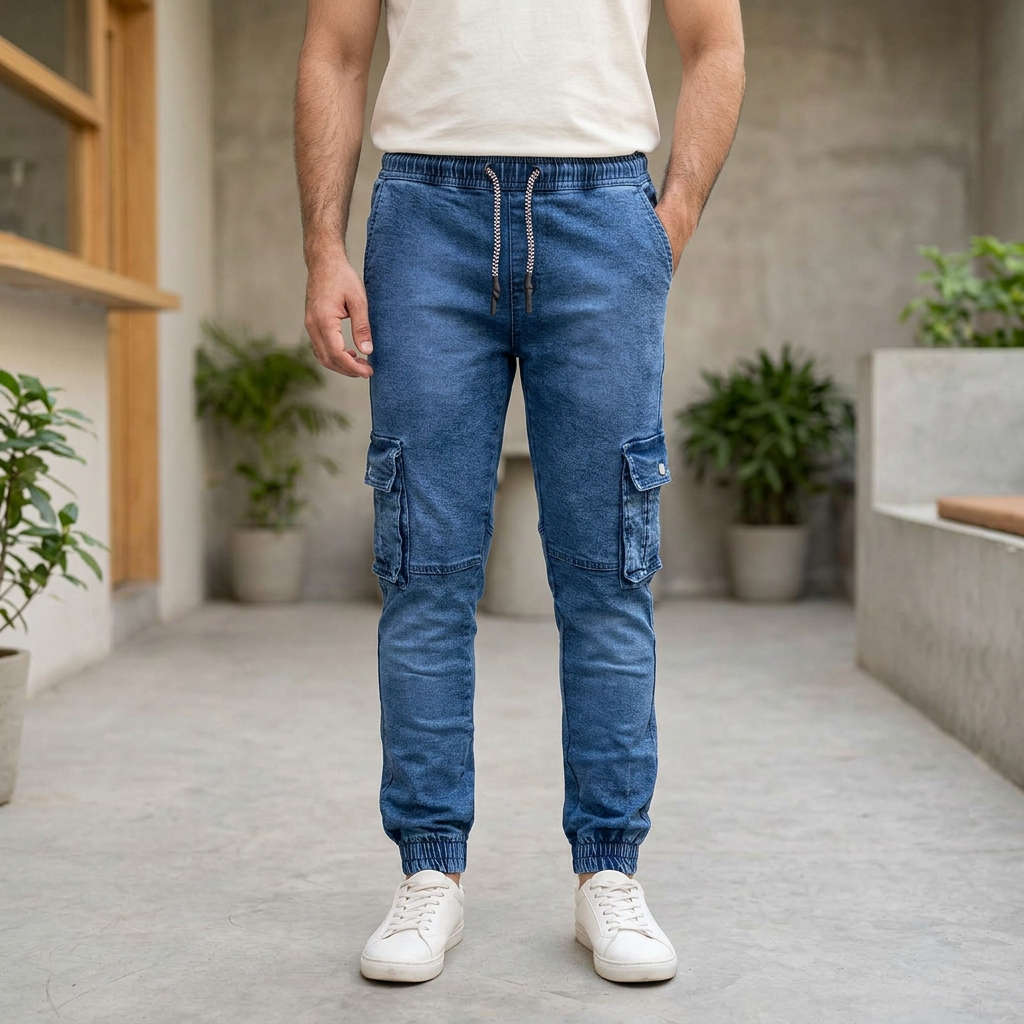 MT233 blue cargo jogger jeans lifestyle image