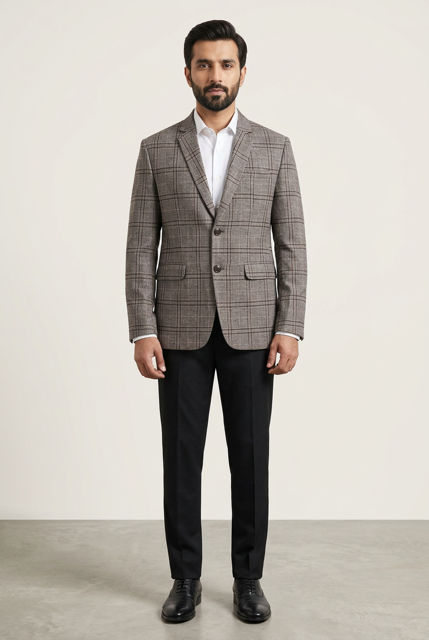 Pakistani male model wearing the grey checked coat