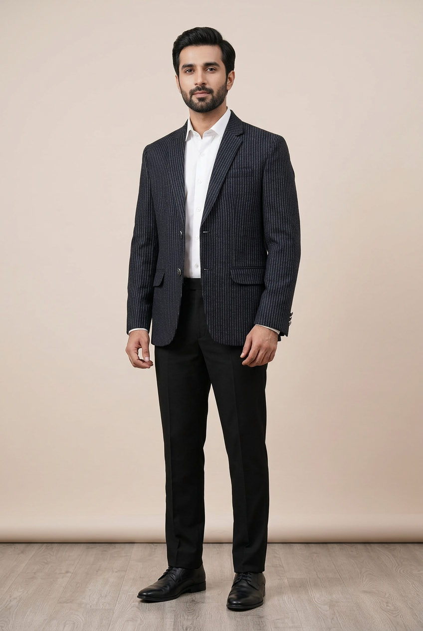 Pakistani male model wearing the pinstriped blazer