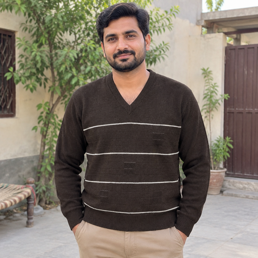 Pakistani man wearing Dark Brown V-Neck Full Sleeves Sweater For Men MSW78