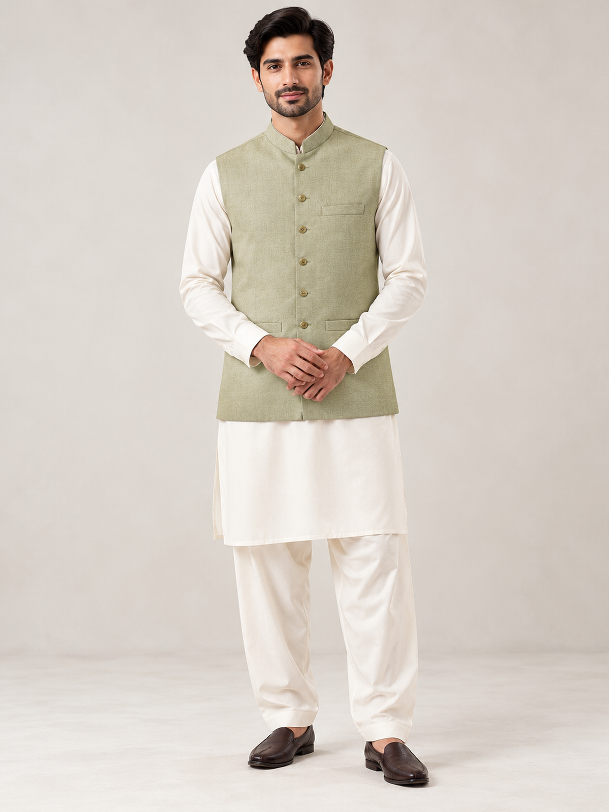 Stone Khaki Tweed Waistcoat for Men MW13